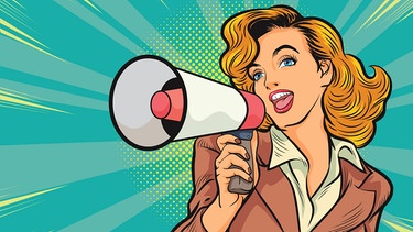 Comic-Frau mit Megafon. Retro-Trends, Filmklassiker oder Kulthits lassen uns in Erinnerungen schwelgen. Warum sind wir nostalgisch, welche positiven Effekte hat Nostalgie und was hat die Sehnsucht nach der Vergangenheit mit der Gegenwart zu tun? | Bild: colourbox.com