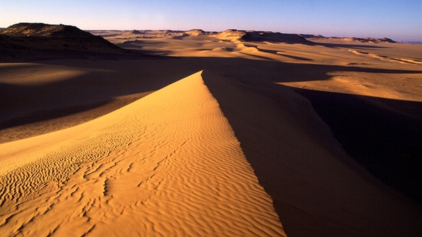 Das Hochplateau Gilf Kebir in der ägyptischen Sahara-Wüste. Bezieht man Halbwüsten mit ein, gehören den Wüsten mit rund 50 Millionen Quadratkilometern von allen Landschaftsformen der Erde die größte Fläche. Ein faszinierender Lebensraum für eine besondere Tier-und Pflanzenwelt. Hier erfahrt ihr spannende Fakten über die trockensten Gebiete der Welt. | Bild: picture-alliance/dpa